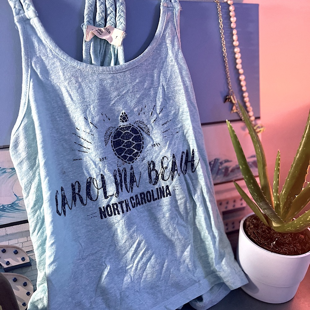 Light Blue Carolina Beach Tourist Open Back Cropped Tank